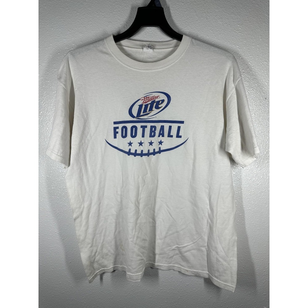 Miller Lite Football Shirt Mens XL White Graphic Beer Promo Tee Anvil Cotton‎